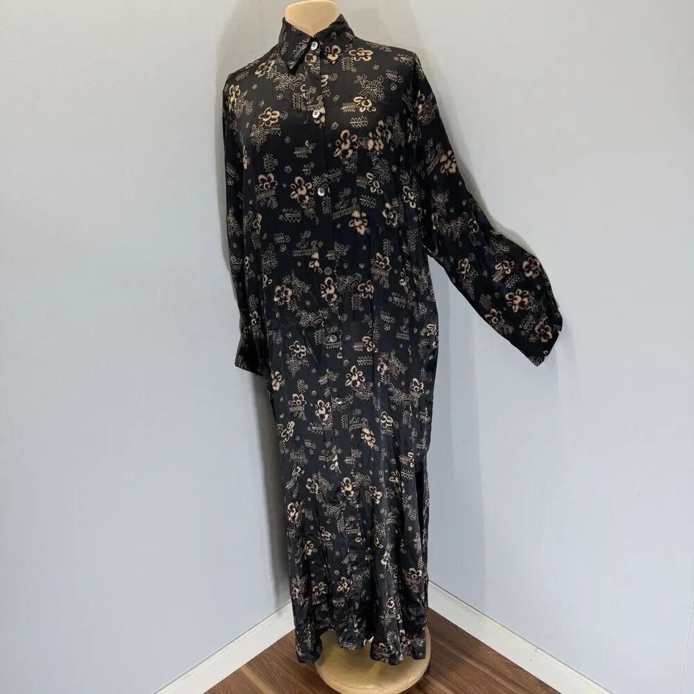 Vintage Neiman Marcus Sz M Maxi Shirt Dress 100% Silk Flowy Boho Chic Resort AOP